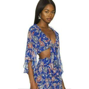 MISA Size XS Ancora Floral Tie Crop Top Blouse Blue NWT